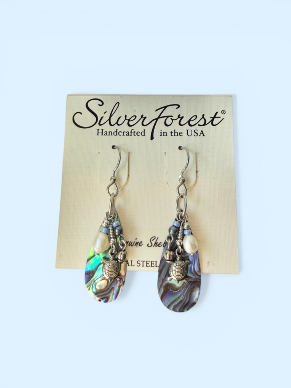 Silver Forest Abalone Shell Turtle Dangle Earrings Seed Pearl NWT Made USA